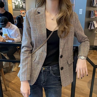 Image of Vintage Fashion Versatile Suit Coat Women Thin Style Classy Checked Basic Commuter Casual