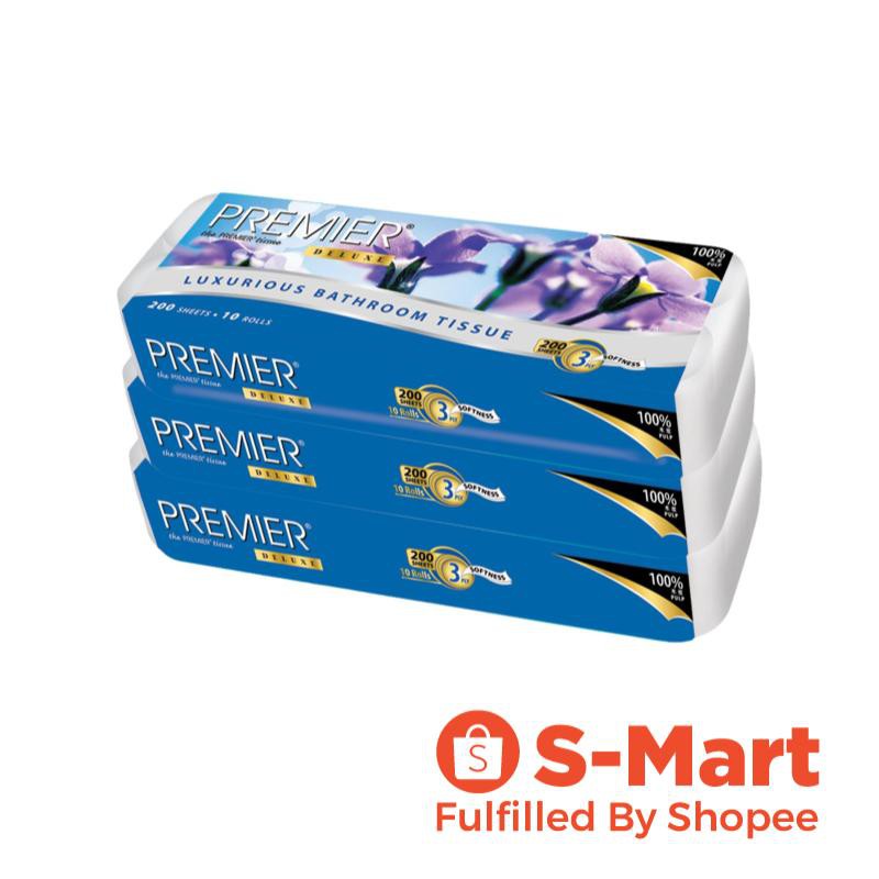 Premier 3ply Deluxe Bathroom Tissue 200pc, 10 Rolls, Pack of 3 Toilet