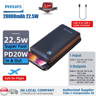 【Type C Cable Included】PHILIPS 10000mAh | 20000mAh Power Bank/ 22.5W Max/ Big Capacity Powerbank/ 3 Outputs/ SG Warranty