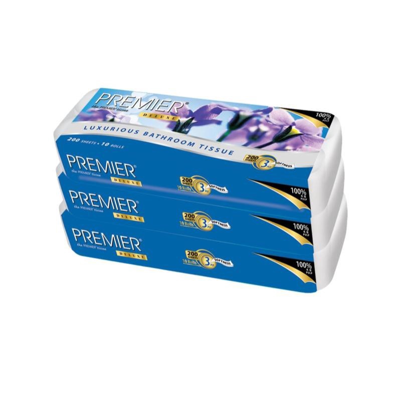Premier 3ply Deluxe Bathroom Tissue 200pc, 10 Rolls, Pack of 3 Toilet