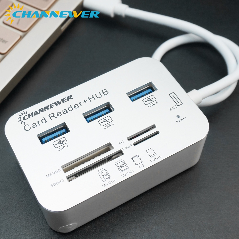 7-in-1 Card Reader with 3 Ports USB 3.0, High Speed External Memory Card  Reader Built-in MS,Micro SD,SD/MMC,M2,TF Card Slots ABS Aluminum Alloy 