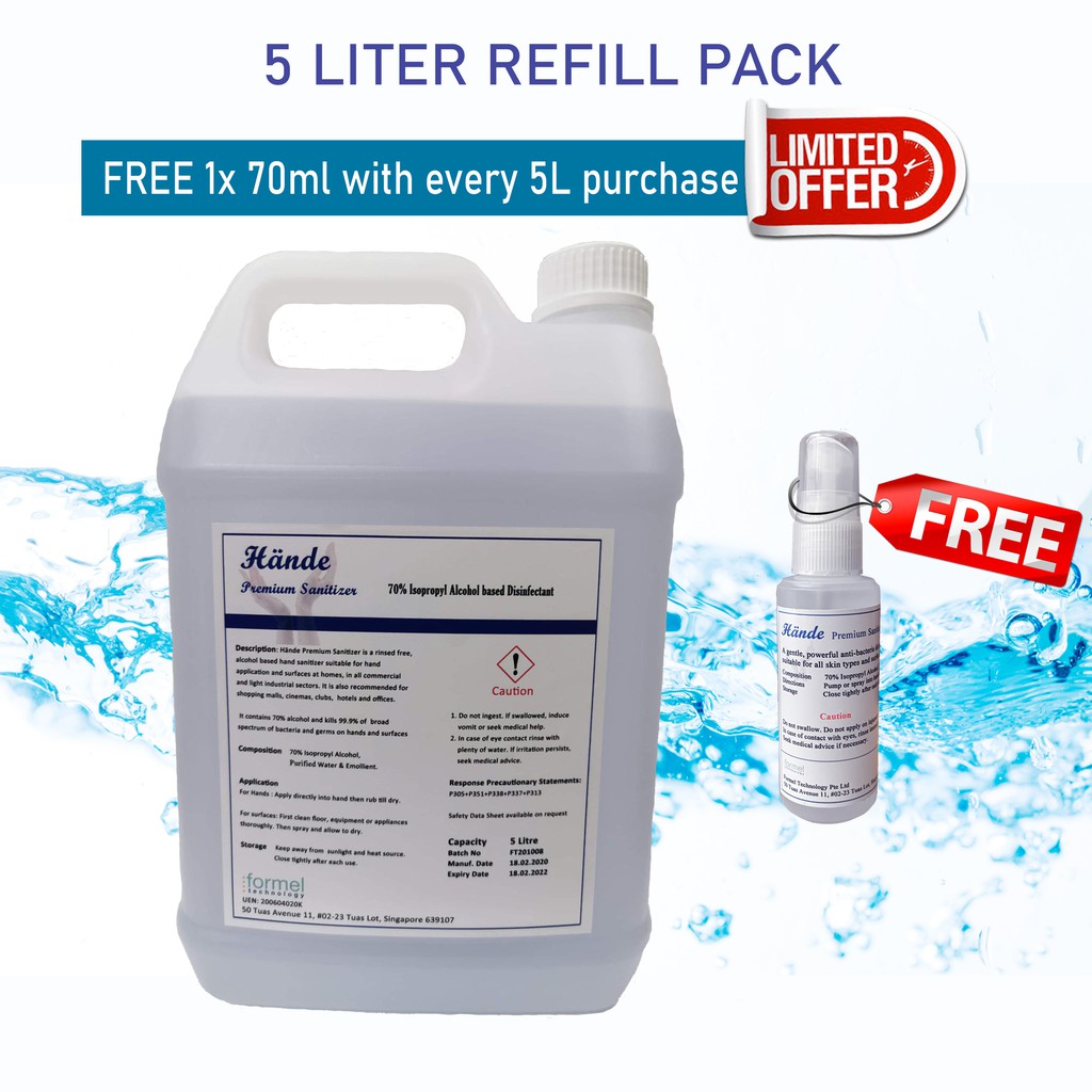[Product of Singapore] Hand Sanitizer 5L/70 Isopropyl Alcohol Hände Antibacterial Disinfectant