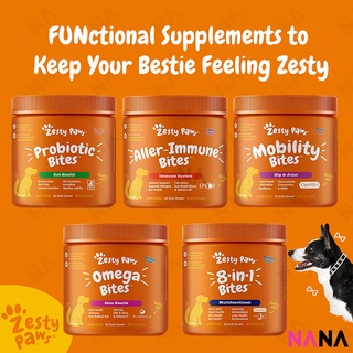 Zesty Paws Premium Quality Cat and Dog Supplements Bites Soft Chews (8-in-1 Multifunctional, Senior Dogs Advanced 11-in-1, Aller-Immune, Probiotic, Calming, Mobility, Omega, Salmon, Cranberry Bladder, Stay Green, Salmon Oil, Hairball & Calming for Cats)