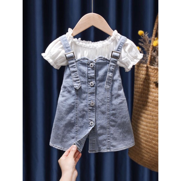 [Mr.Gabor] Overall jeans dan blouse putih anak perempuan (Dapat 2 pakaian)