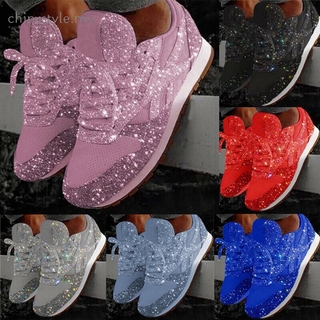 Women Sequin Glitter Lace Up Shoes Fashion Comfort Athletic Rhinestone Sneakers