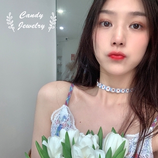 White Korean Fashion Jewelry Beauty Floral Flowers Diamond Necklace Pendant Short Clavicle Choker Chain Women Girls