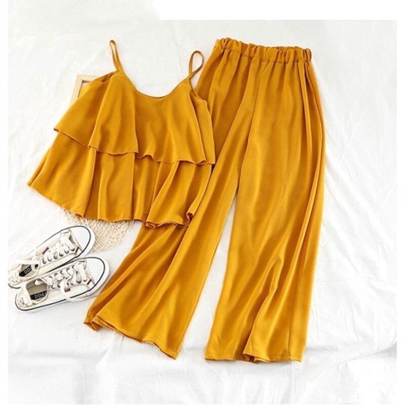 ruffle detail top and pleated trouser set