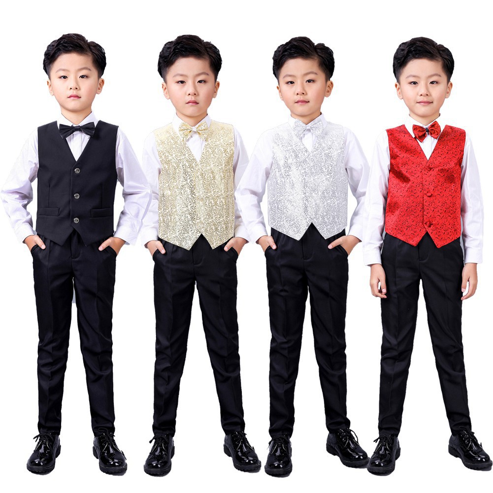 4pcs Boys Suit Set Wedding Formal Occasion Kids Outfits Vest - black suit white shirt red tie w vest roblox