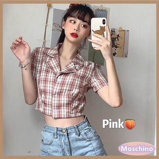 Korean Style Women Ladies Plaid Short Sleeve Shirt Crop  