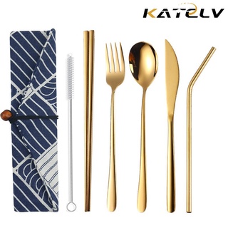 KATELV 6pcs/set High Quality Restaurant Travel Tableware Set 304 Stainless Steel Korean Cutlery Gold Portable Flatware Knife Fork Spoon Straw Chopsticks Travel Utensil Set