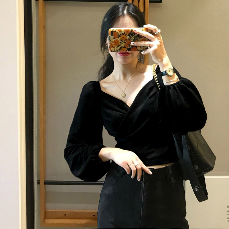 SUXI Korean Style New Women's Lantern Sleeves V-neck Shirt