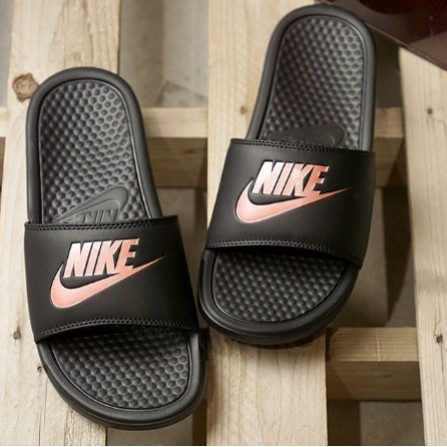 black nike slides with rose gold