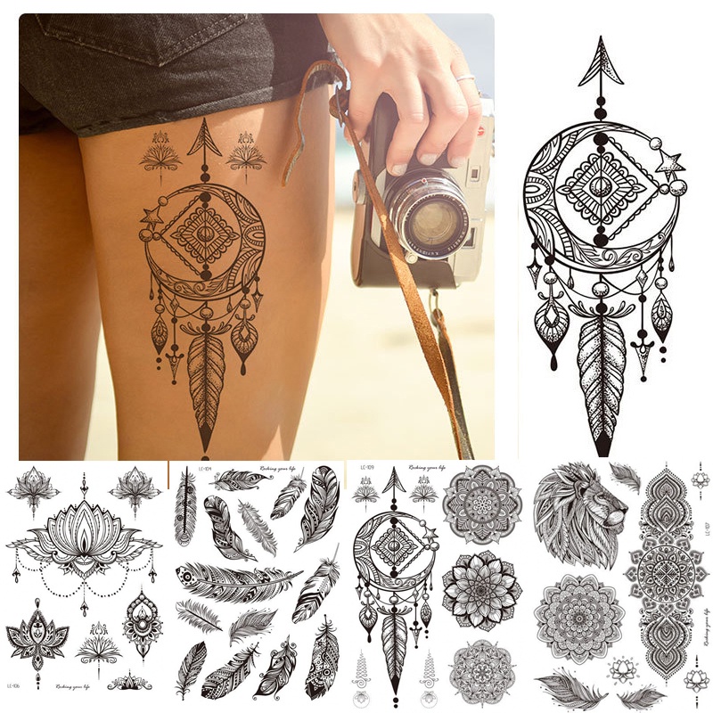 Black Mandala Flower Waterproof Temporary Tattoo Stickers/Women Large Sexy Dreamcatcher  Tattoo/Body Art Water Transfer Clavicle Tattoo | Shopee Singapore