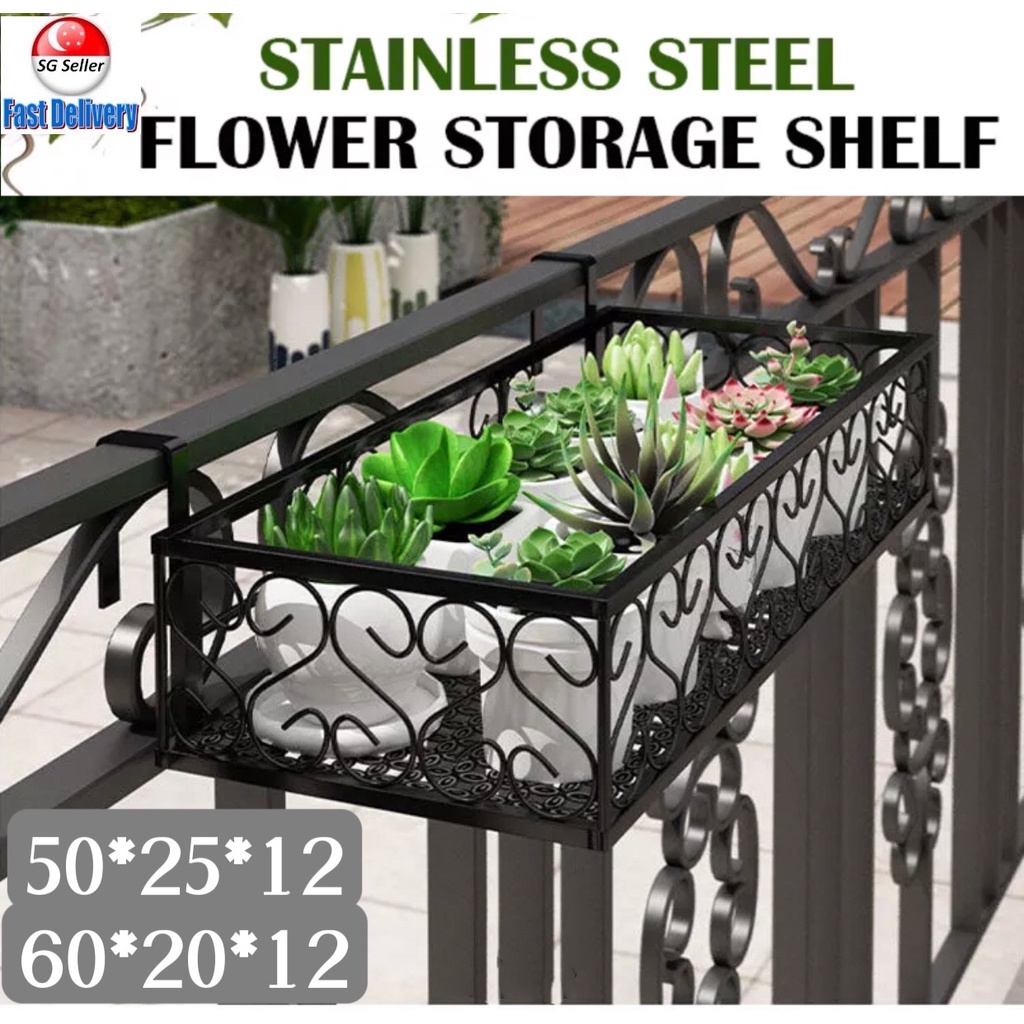 [SG SELLER]Flower Pot Rack Balcony Corridor Railing Hanging Plant Basket Garden Rack Black 50