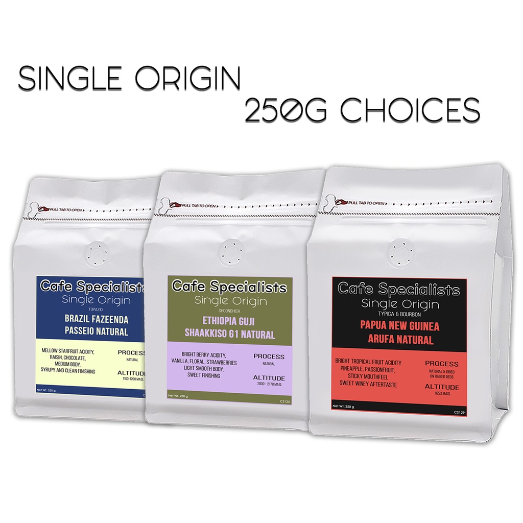 Cafe Specialists Single Origin Coffee Beans Brazil Fazenda , Ethiopia Guji , Papua New Guinea 250g Choices