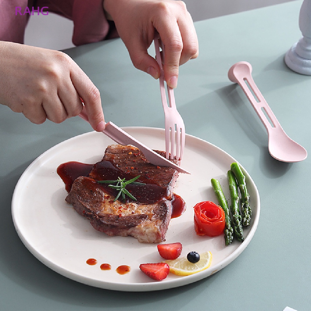 RAHG 3 in 1 Travel Cutlery Portable Cutlery Wheat Straw  Fork Spoon Set Student NEW