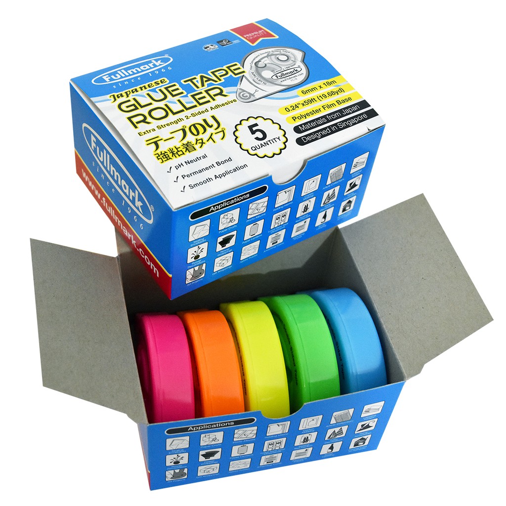 Fullmark Glue Tape / Glue Roller Assorted Colors [6mmx18m] , 5pack