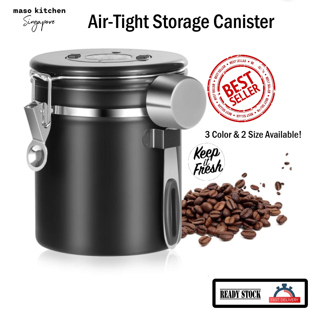 Airtight Coffee Canister Stainless Steel Kitchen Food Storage Container with Date Tracker and Scoop