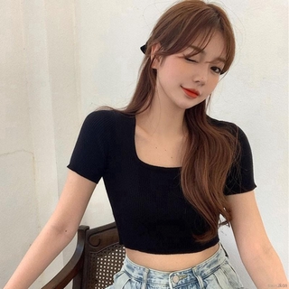 Girl Knitted Crop Top solid square collar bottoming top sexy slim short sleeve T shirt summer
