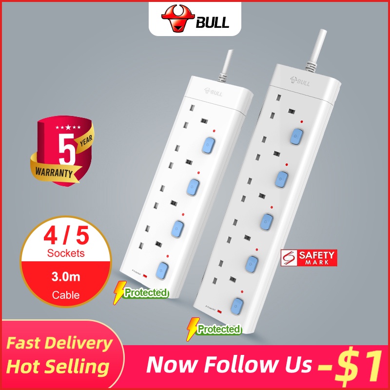Bull Extension Socket 4/5 Way Safety Socket Outlet Lightning Protection
