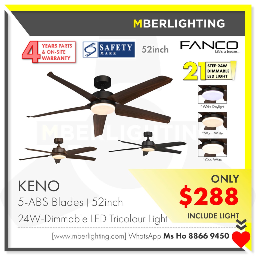 FANCO Keno 52inch 5ABSBlades DC Ceiling Fan With 24WDimmable 3 Tone