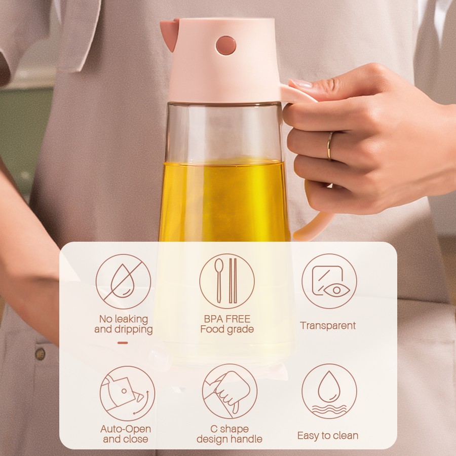 [Upgraded] Kitchen Glass Cooking Oil Bottle Auto Opening Closing Nozzle Oil Dispenser Liquid 650ml
