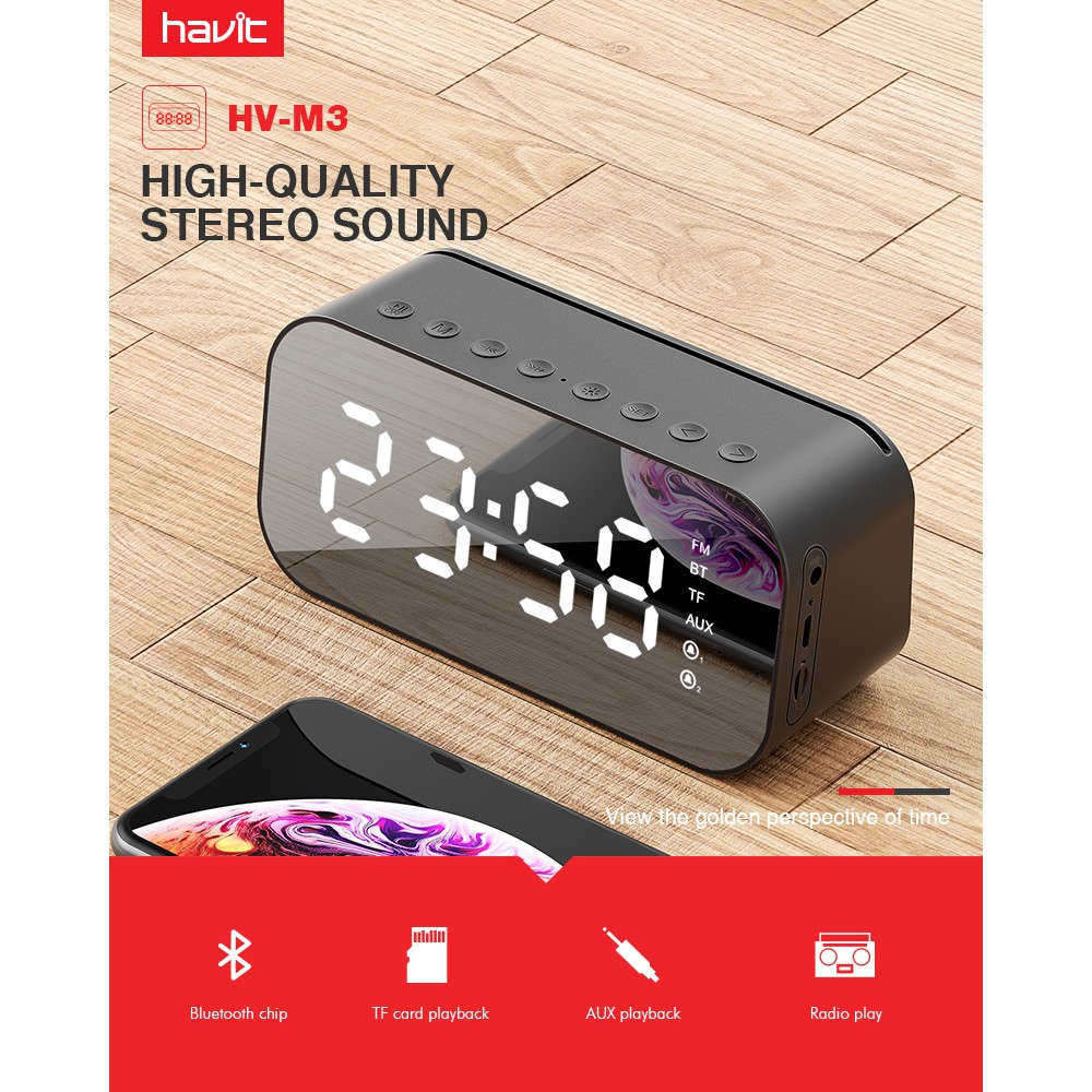 Havit M3 Portable Bluetooth Speaker Support Aux Tf Usb Music Player Alarm Clock Wireless Led Display Temperature With Fm Shopee Singapore