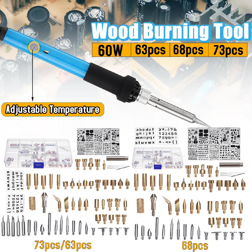 73PCS 60W Wood Burning Pen Soldering Tools Set Tips Stencil Pyrography Craft Kit
