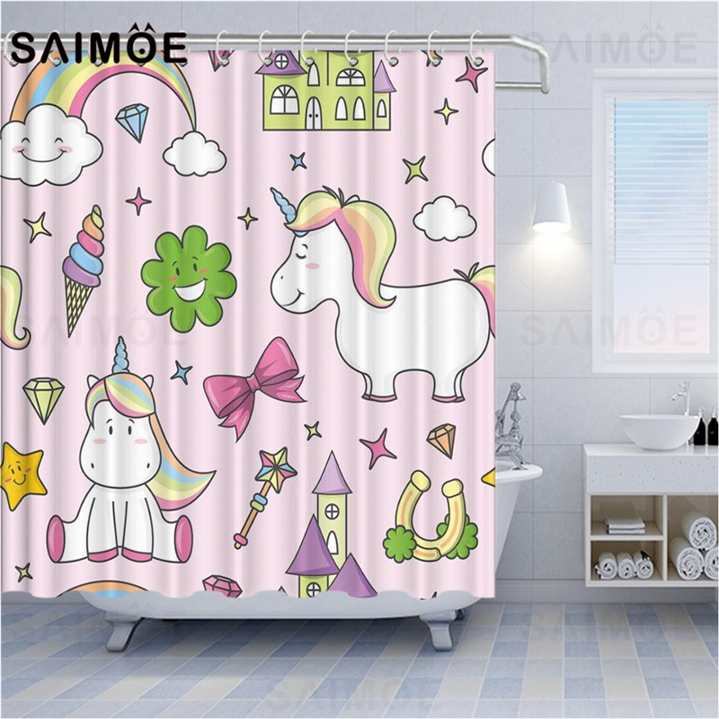 Unicorn And The Rainbow 3D Shower Curtain Waterproof Fabric Bathroom Decoration 