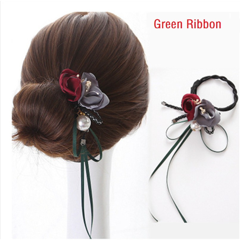 Women Girl Flower Pom Bun Ball Wire Stick Ponytail Holder Hair
