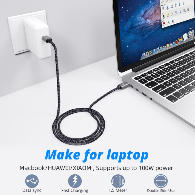 Fonken 5A/100W Magnetic Fast Charging Cable Usb-C Type C Cable For Phone Laptop