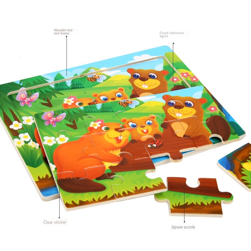 12 Piece Kids Wooden Puzzles Cartoon Animal Jigsaw Game Baby Wood Educational Toys for Children