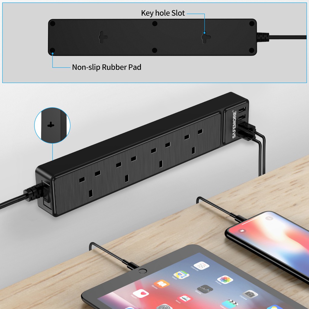 SAFEMORE 4 socket board plug wall plug with USB overload and
