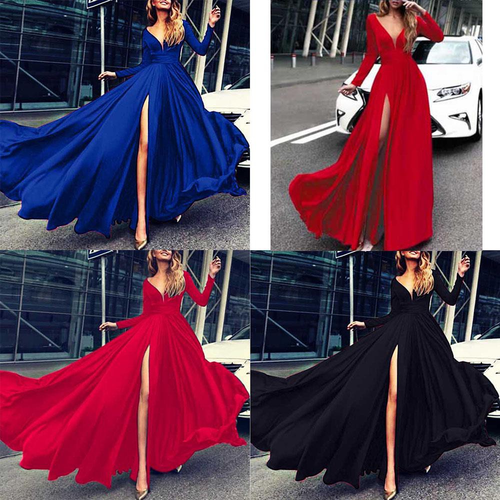 red long sleeve evening gown