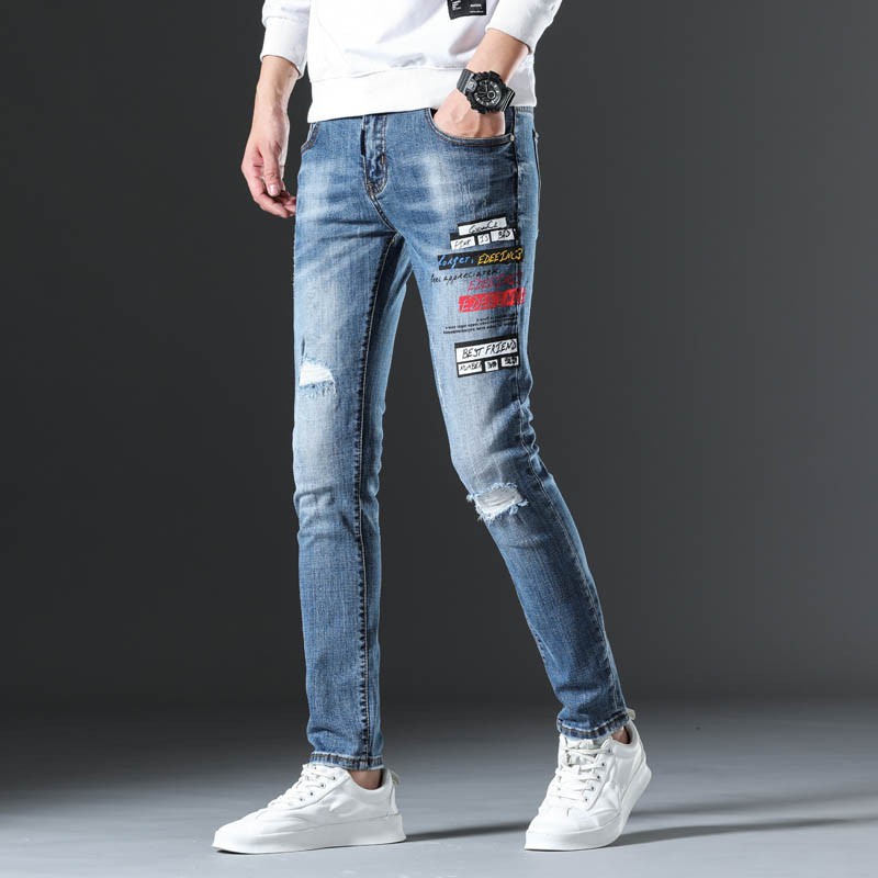 Men Blue Ripped Print Jeans Slim Cool Style Shopee Singapore