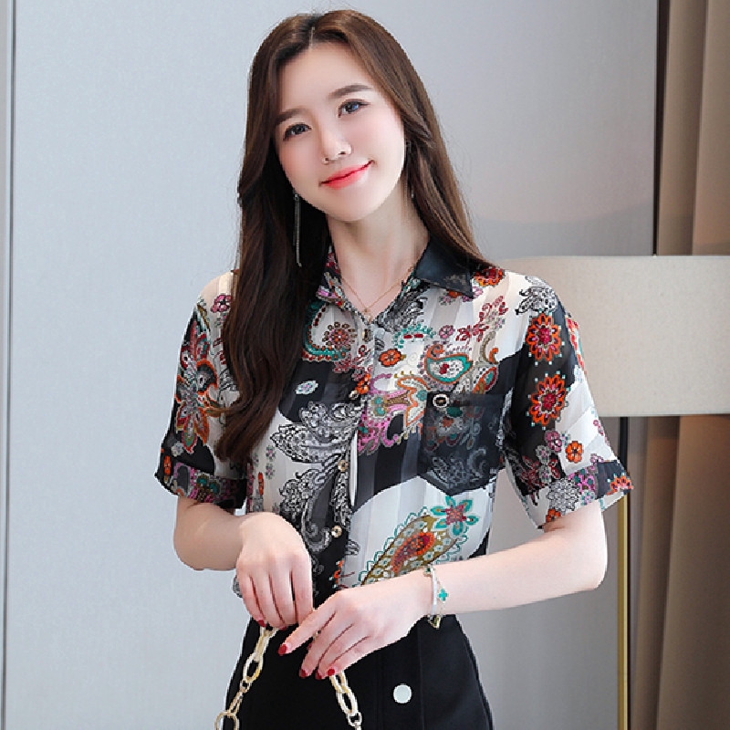 Women Short Sleeve Floral Print Chiffon Blouses  Summer 