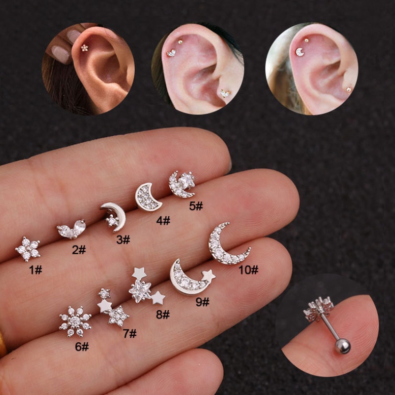 Silver Color Cross Heart Flower Crown Cz Ear Studs Helix Piercing Cartilage Earring Conch Rook Tragus Stud Ear Piercing Jewelry Shopee Singapore