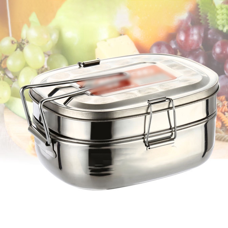 Lunch Box Double Layer Stainless Steel Square Bento Food Holder