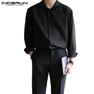 Image of INCERUN Men Casual Plain Long Sleeve Lapel Gentleman Loose Simple Shirt