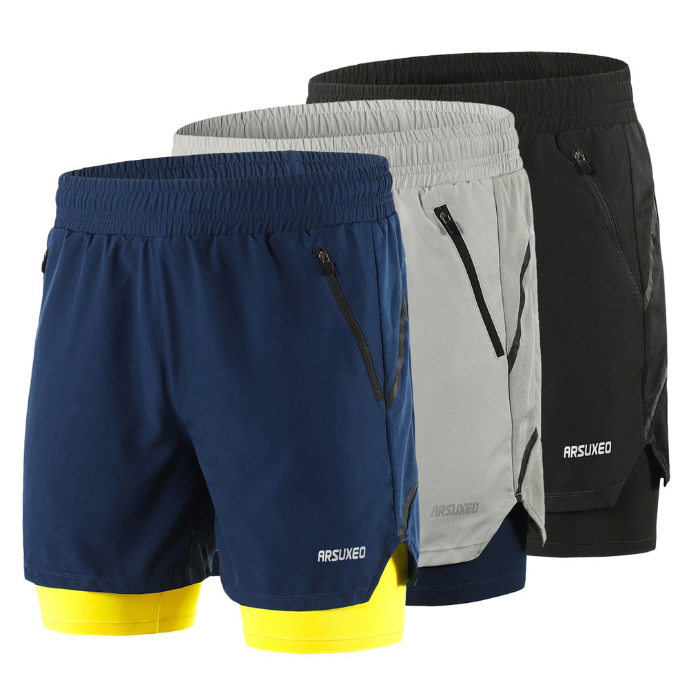 Arsuxeo Men 2 in 1 Running Shorts Quick Drying Breathable Active