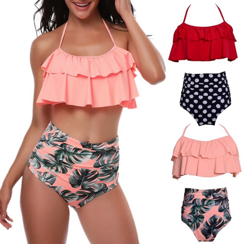 high waisted bathing suit with ruffle top