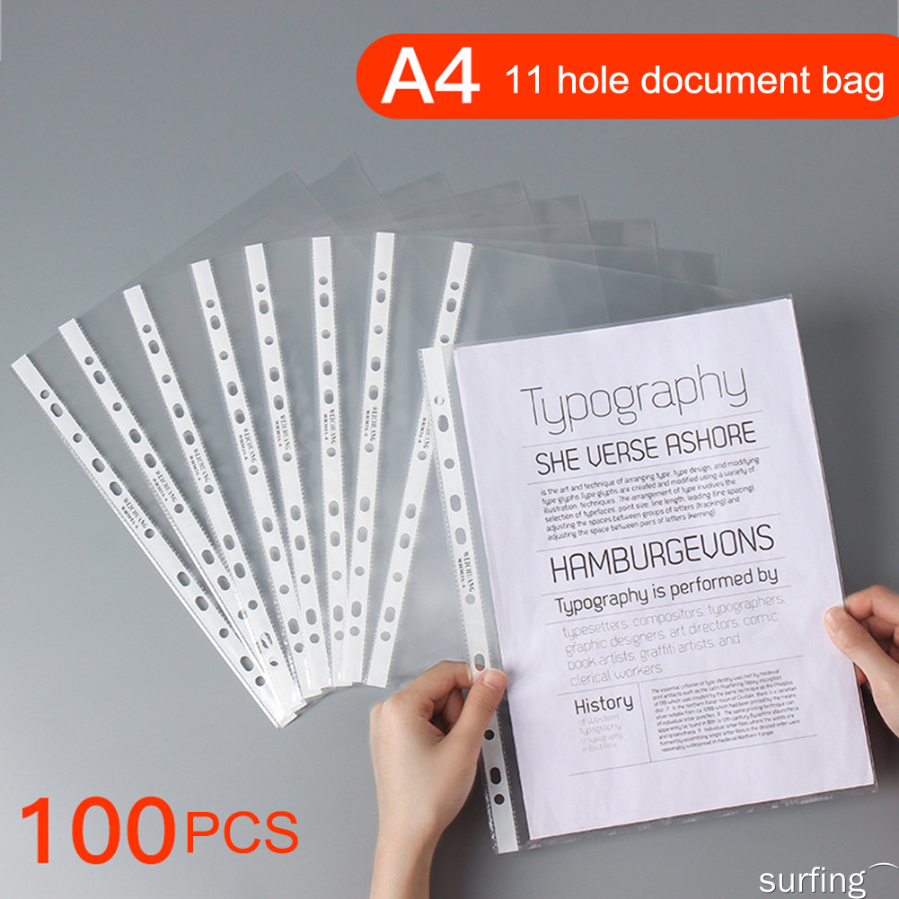 💕100Pcs A4 Plastic Punched Pockets Folders Filing 11 Holes Loose Leaf