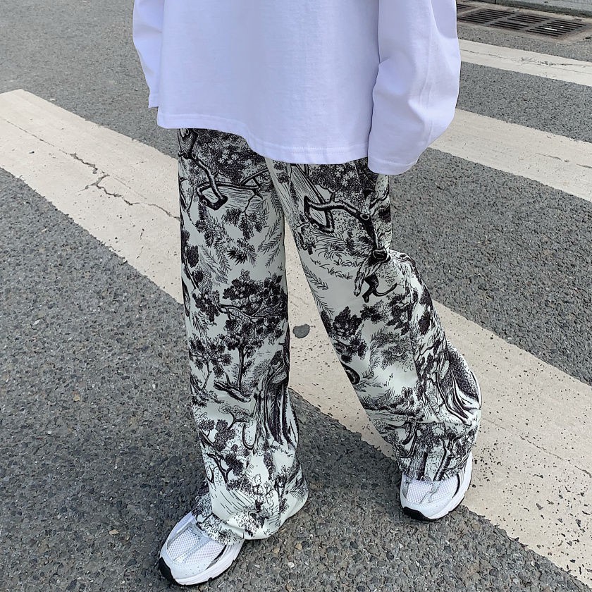 Image of ∈spring and summer new style Korean loose Chinese ink painting tie-dye printed pants women s casual all-match wide-l #0