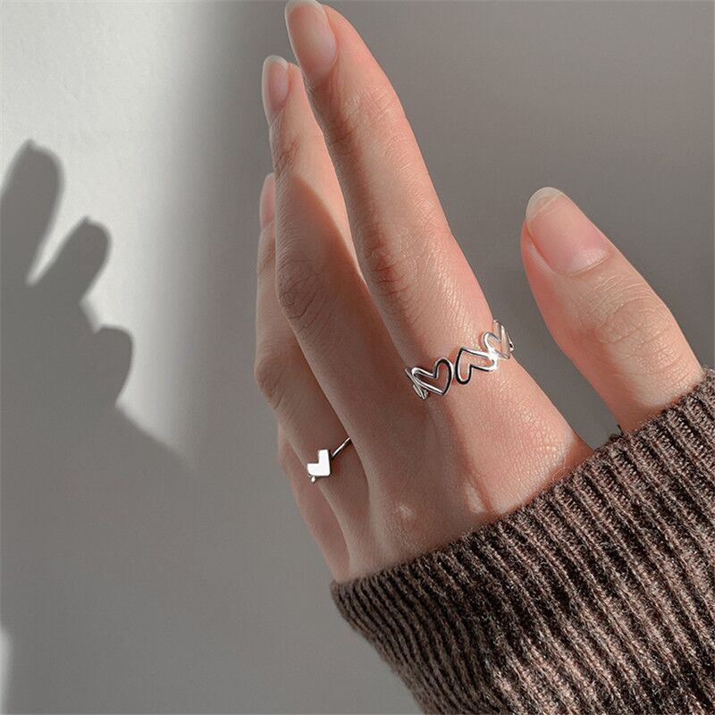 Image of Korean Ring Set Simple Cute Silver  Heart AdjustableRing for Women Accessories Jewelry #3