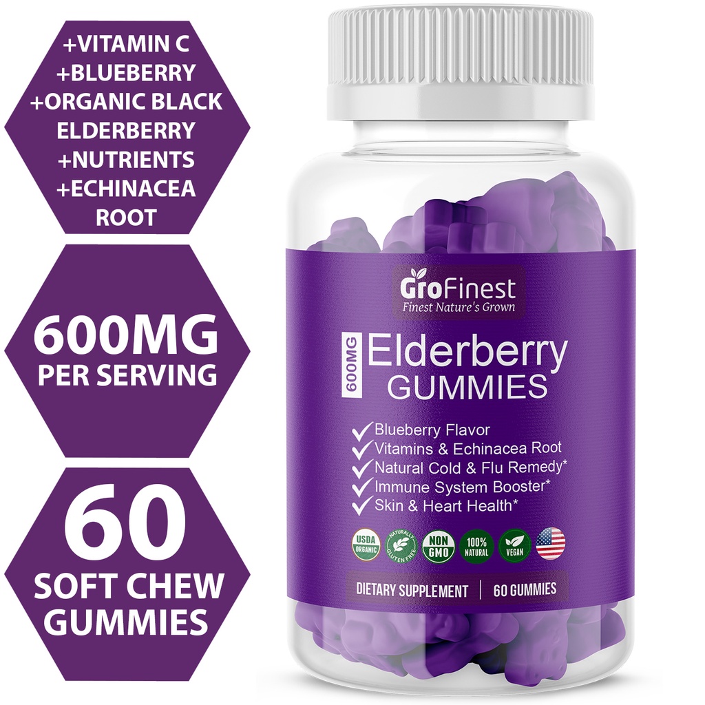 Grofinest Elderberry Gummy 600mg Black Elderberry Extract Vitamin C Skin Cold Flu Immunity