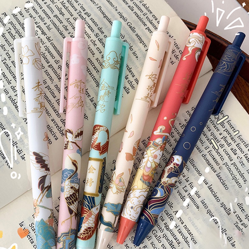 6 Pcs 0.5mm Chinese Style Koi Series Black Ink Ballpoint Pen Student Writing Utensils