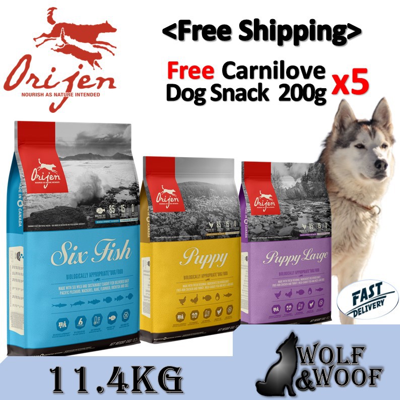 Orijen Dog Dry Food 11 4kg 6 Fish Six Fish Puppy Puppy Large Breed Limited Offer Free Carnilove Dog Snack 200g X5 Shopee Singapore