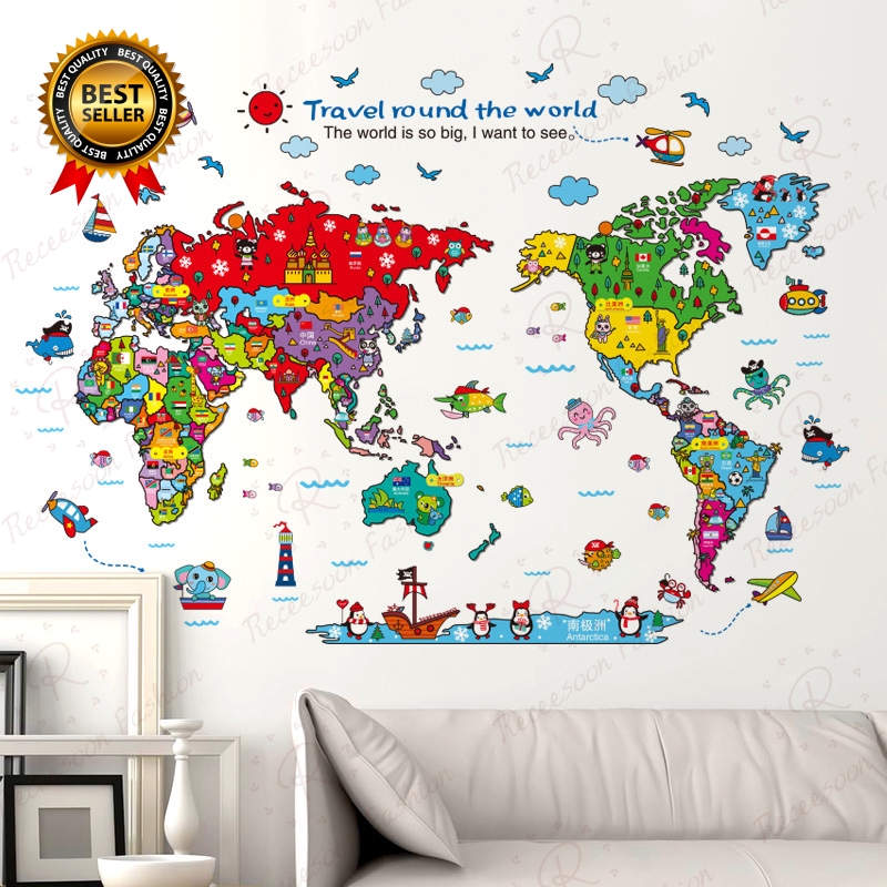 Colourful World Map Wall Stickers Wall Arts Decals Kids Bedroom Home Decor Wallpaper Shopee Singapore