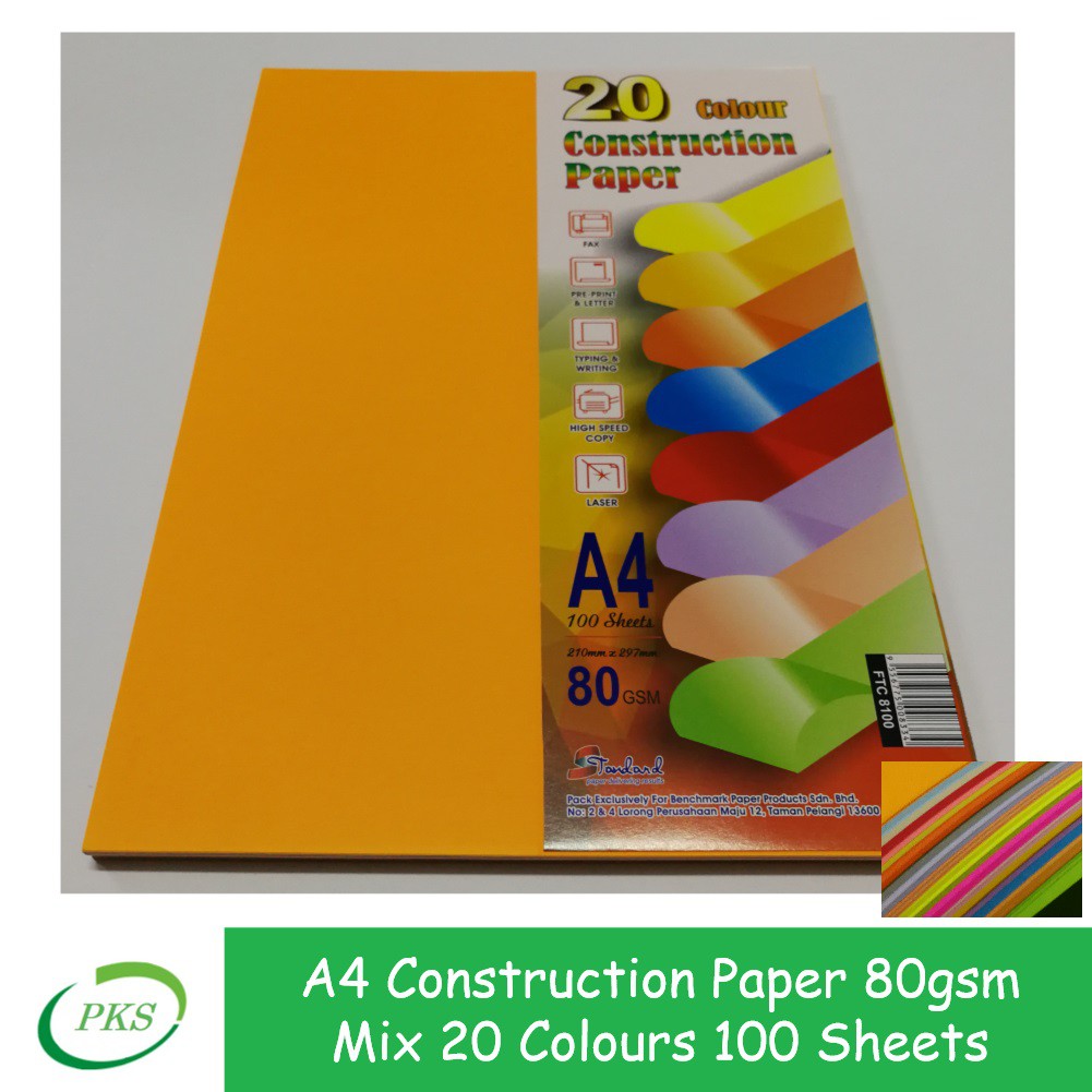Construction Paper A4 Colour Paper 80gsm Mix 20 Colours 100 Sheets (FTC