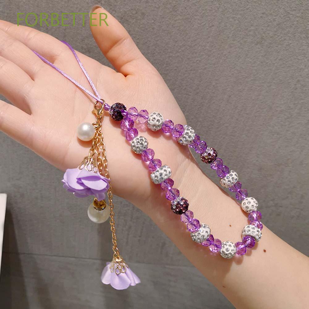 Crystal Beads Chain Hanging Cord Lanyard Wrist Straps Cell Phone Lanyard Mobile Phone Strap DIY Tassel Phone Straps purple